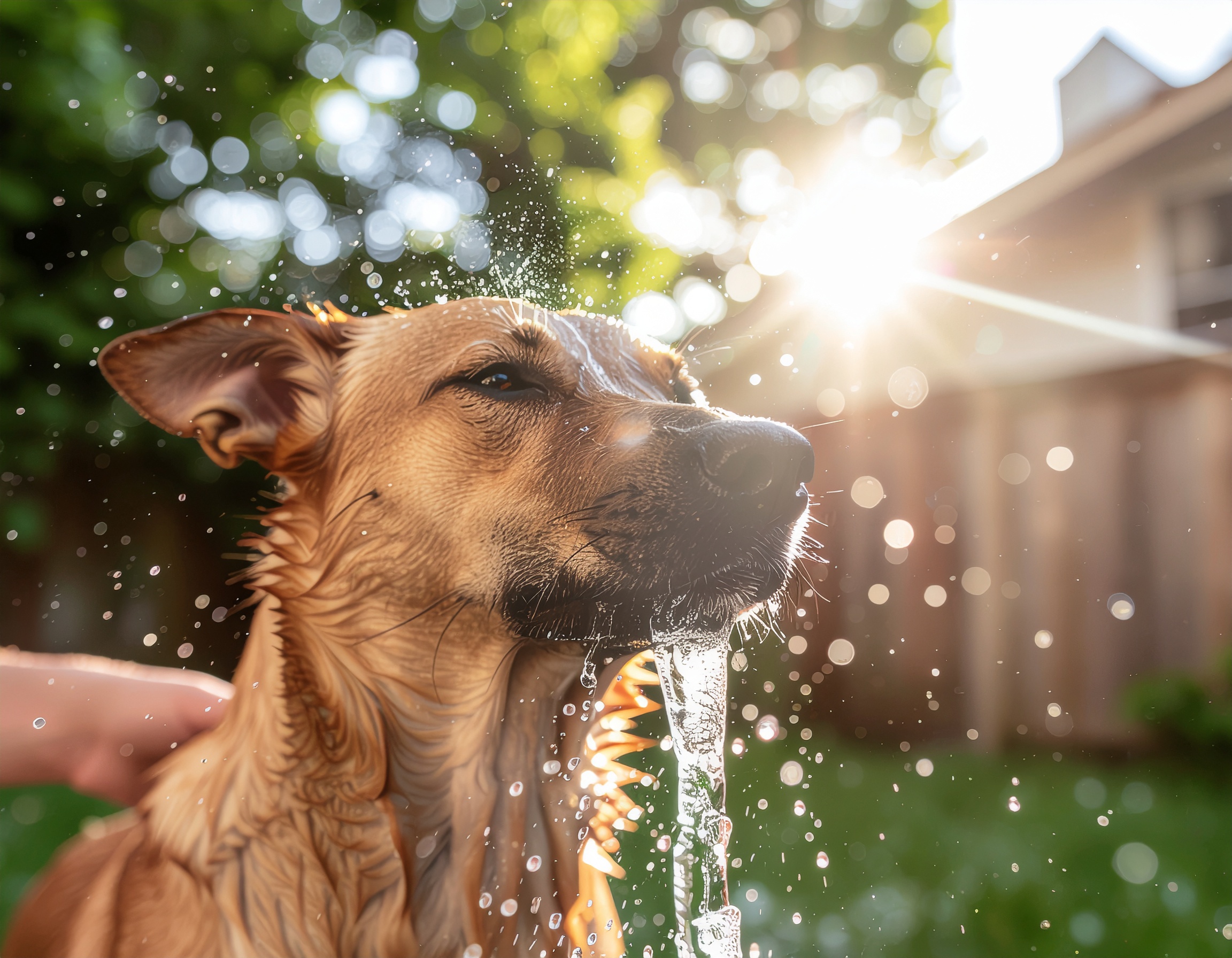 Cão molhado sendo acariciado em um jardim, com gotas de água capturadas em movimento contra a luz solar brilhante, criando um efeito bokeh. A cena transmite uma sensação de frescor e alegria, com cores vibrantes e uma composição dinâmica que destaca o foco no animal. A iluminação natural e a profundidade de campo curta adicionam um toque artístico à imagem.